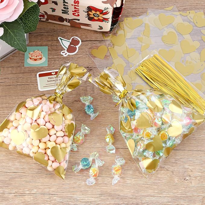 COQOFA 100 Pcs 5x7 IN Gold Heart Cello Cellophane Gift Bags - Image 4