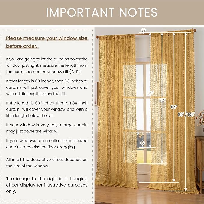 WAZZIO Boho Lace Curtains 84 Inches 2 Panel, Light Filtering Privacy Tassel & - Image 9