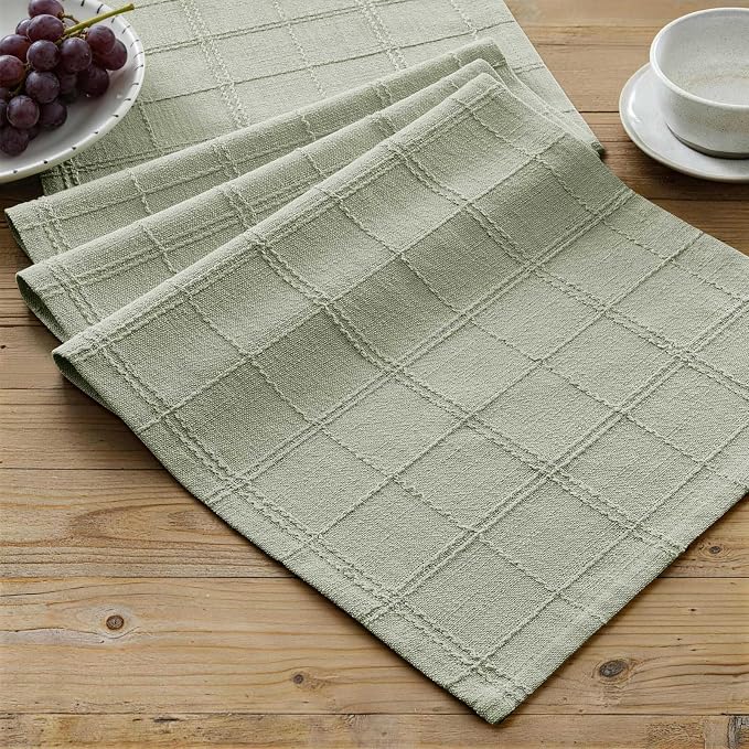 Linen Checked Farmhouse Table Runner, 13x90 Inches Seeding Green | Raised Grid by ZEEMARTONLINE