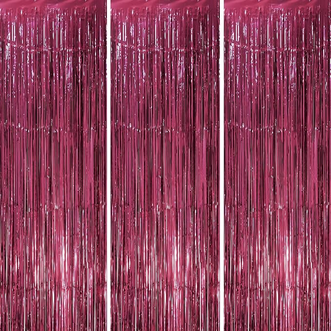 Voircoloria Burgundy Foil Fringe Backdrop Curtains, 3 Pack | Tinsel Streamers by Voircoloria
