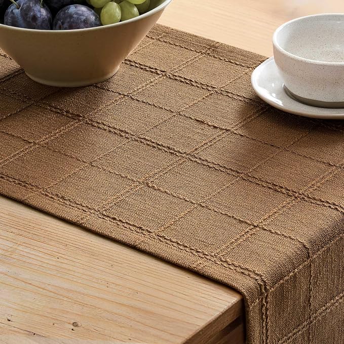 Linen Checked Farmhouse Table Runner, 13x60 Inches Roasted Brown | Raised Grid - Image 5