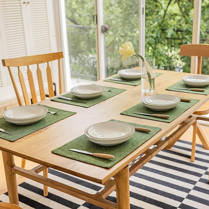 Demetex Green Placemats Set of 6 Vintage Cloth Textured Place Mats Stain - Image 6