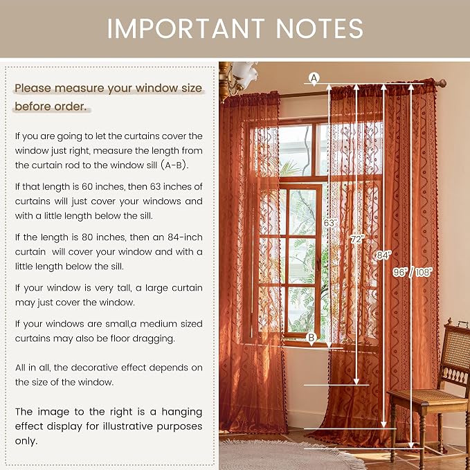 WAZZIO Boho Lace Curtains 45 Inch 2 Panels-Vintage Sheer Panel Drape Floral - Image 7