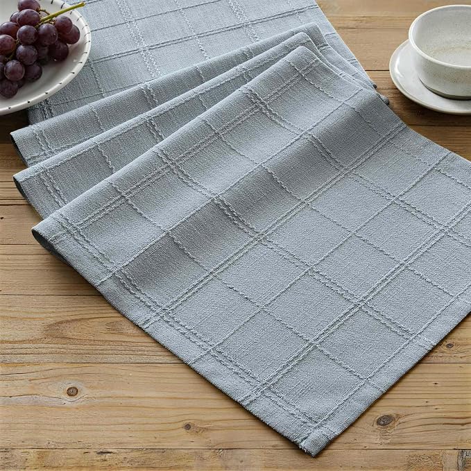 Linen Checked Farmhouse Table Runner, 13x108 Inches Chambray | Raised Grid by ZEEMARTONLINE