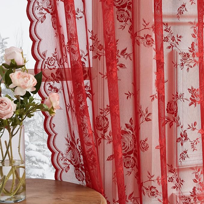 Red Lace Curtains 45 Inch Length 2 Panels Set Romantic Country Flower Curtains by SEEKRIGHTHomeDecor