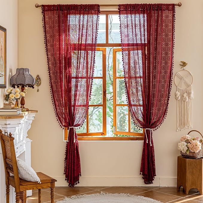 Burgundy Boho Lace Curtains, 59 X 84 inch, Wine Red Sheer Window Panels | - Image 3