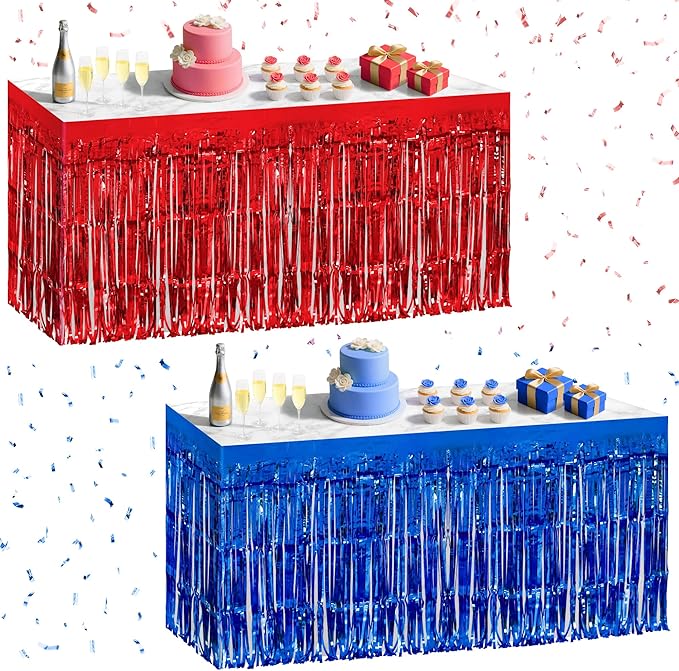 2 Pack Red Dark Blue Table Skirts, 29x108" Metallic Foil Tinsel Fringe Table Skirt for Rectangle Tables Streamer Curtains Backdrop, Party Decorations for Birthdays, Weddings, Holidays