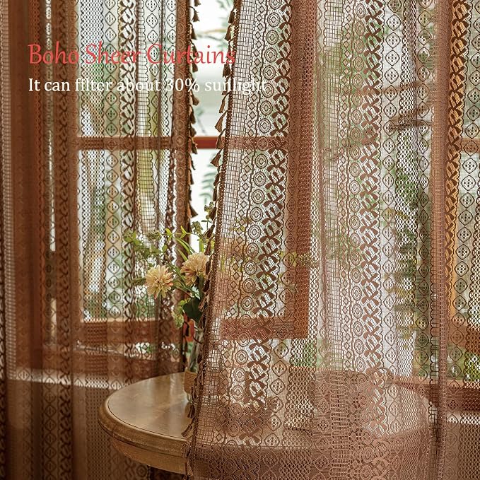 Sutuo Home Dark Coffee Boho Lace Curtains 72 inches Long - Image 2