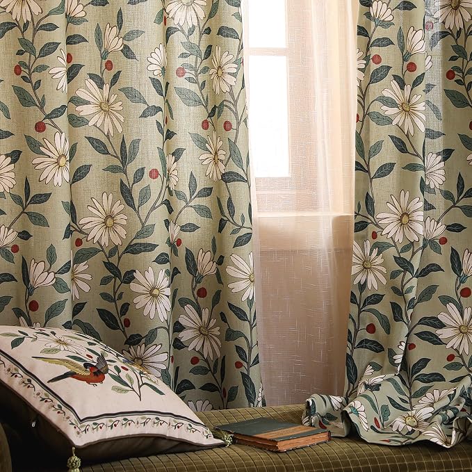 Designer French Green Linen Printed Curtain, 2 Panels, Floral Pattern Home - Image 8