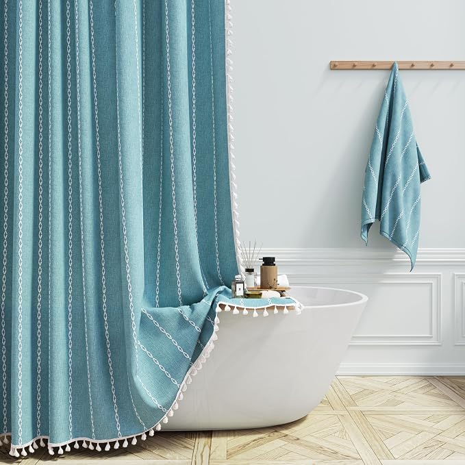 Teal Boho Farmhouse Linen Heavy Duty Cloth Shower Curtain Set, 72x72 | 330GSM by ShowerCurtain