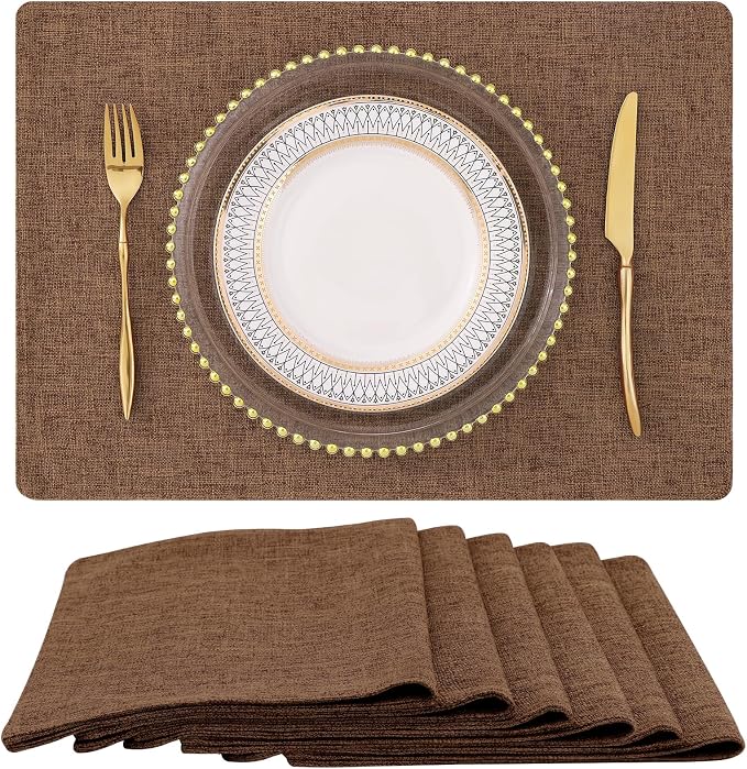 Faux Cotton Linen Placemats Set of 6, Cloth Washable Farmhouse Dining Table Mats by homing