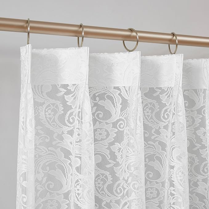 Bujasso White Lace Pinch Pleat Curtains 90 inch, Vintage Floral Sheer Drapes - Image 8