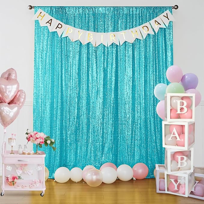 Sugargirl Turquoise Sequin Backdrop Curtain 4 Panels 2FTx8FT Glitter Turquoise - Image 7