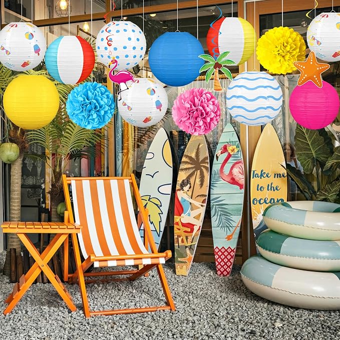 16Pcs Summer Party Decorations Paper Lanterns Pom Poms Hanging Swirls - Image 4