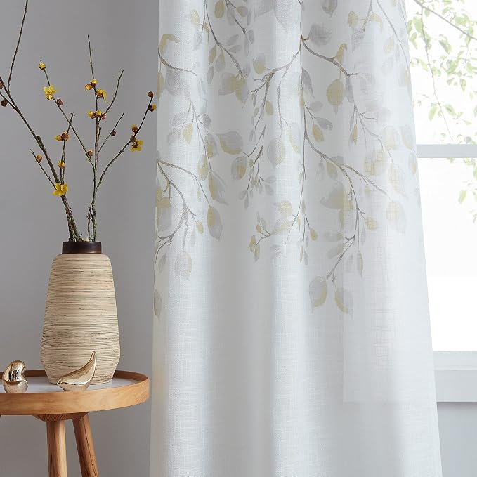 Yellow Leaf Floral Print Metallic Sheer Curtain - Image 2