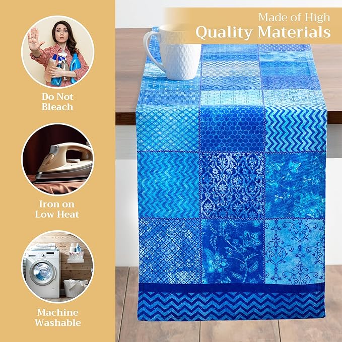 Maison d' Hermine Table Runner 100% Cotton Double Layer Table Runners 108 inches Long Decorative for Home Kitchen Dining Party Wedding Bridal Shower Spring Summer (Indigo Love, 14.50" x 108")
