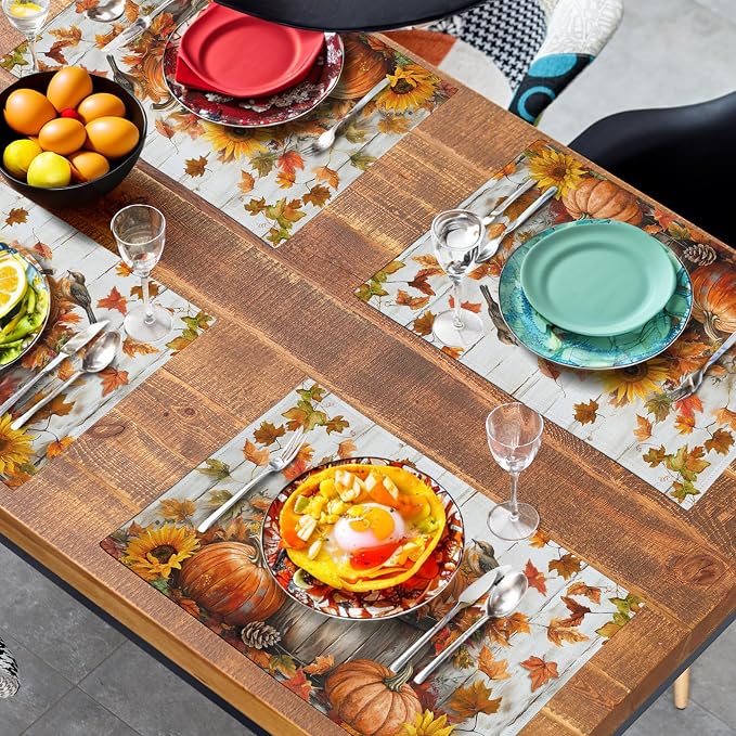 Fall Placemats 12x18 Inch Set of 4 Pumpkin Maple Leaves Sunflower Bird Linen - Image 7