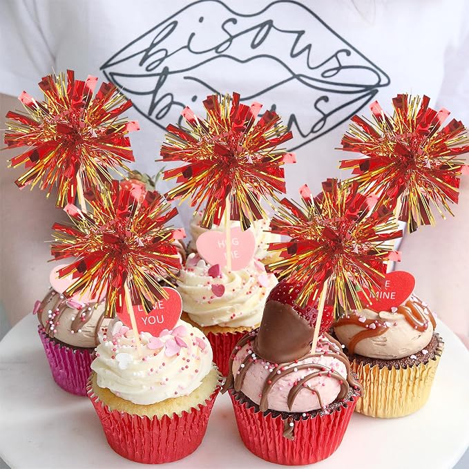 30 PCS Foil Firework Cupcake Toppers Sparkle Tinsel Cupcake Picks Happy - Image 7