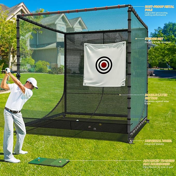 Golf Cage with Steel Freame, 7x7x7ft Golf Net with Rubber Hose, Noise Reduction for Backyard Indoor Outdoor Lawn Practice(Includes 1 Hitting Mat 6 PU Balls 1 Tee)