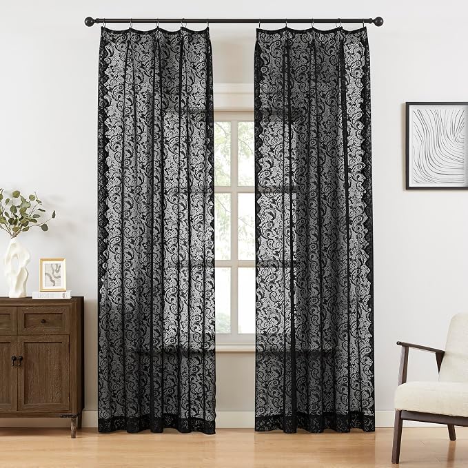 Bujasso Black Lace Pinch Pleat Curtains 63 inch, Gothic Vintage Floral Sheer - Image 2