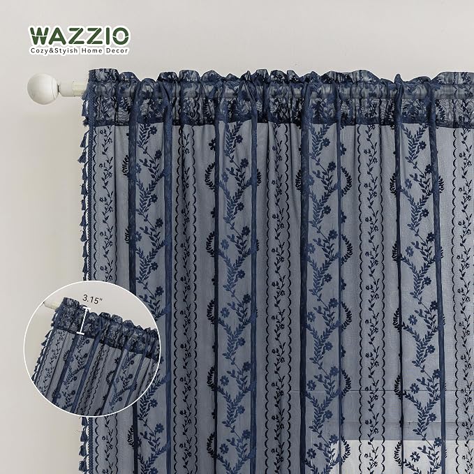 WAZZIO Boho Lace Curtains 2 Panels 84 Inch -Victorian Sheer Panel Drape French - Image 7