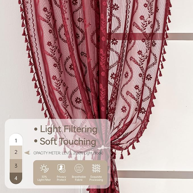 WAZZIO Boho Lace Curtains 2 Panels 84 Inch -Victorian Sheer Panel Drape French - Image 5