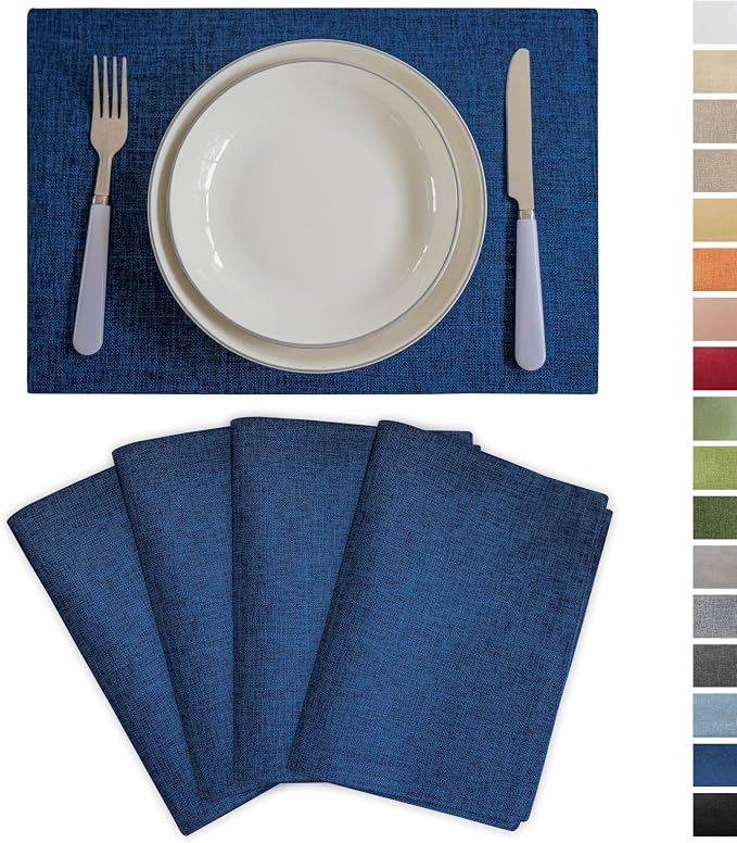 Demetex Cloth Table Placemats Heat Resistant Linen Place Mats Set of 4 Navy by DEMETEX