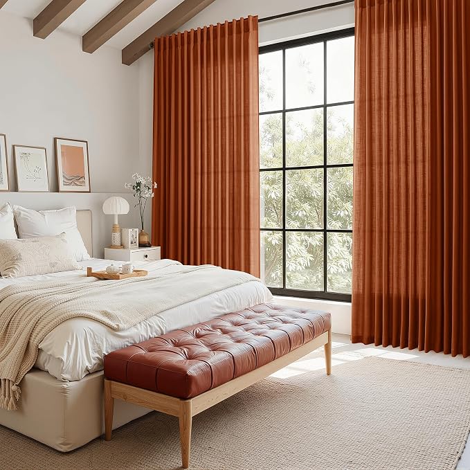 Terracotta Long Linen Curtains 102 Inches Long 2 Panel Set Back Tab Boho Rustic - Image 7
