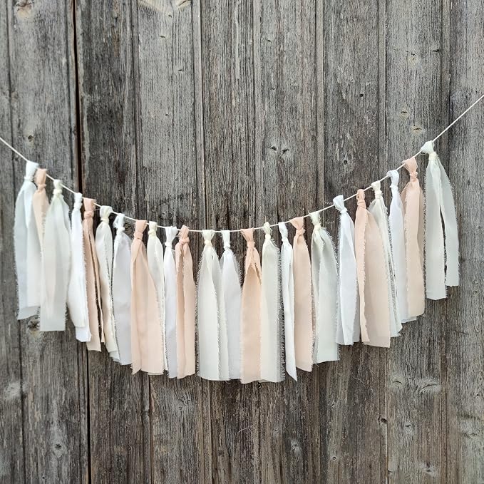 White + Beige Handcrafted Chiffon Tassel Garland - Image 4