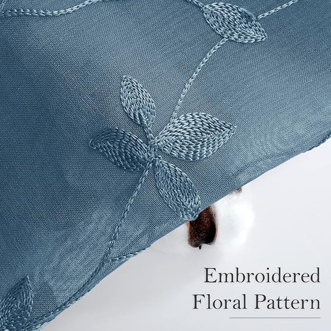 HOMEIDEAS Cyan Blue Sheer Curtains 2 Panels, Embroidered Vine Leaf, W52xL96 | - Image 2