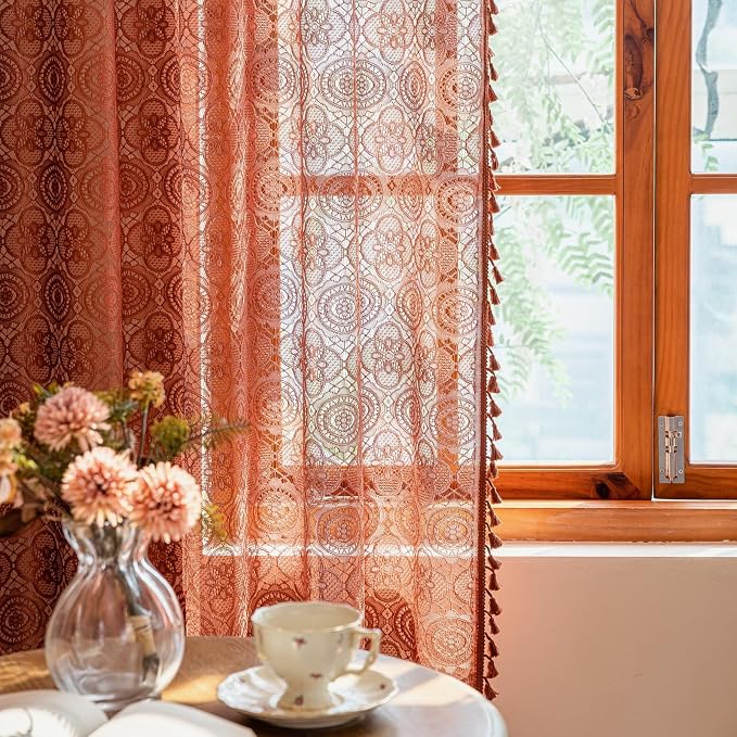 YJ YANJUN Boho Lace Sheer Curtains, Burnt Orange Terracotta, 59x84 inches | 2 by YJYANJUN