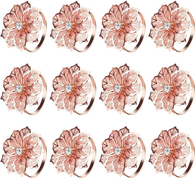 KPOSIYA Flower Napkin Rings Holder Metal Rose Gold Napkin Rings Set of 12 for Wedding Party Holiday Banquet Christmas Dinner Delicate Serviette Buckles Decor Favor (12, Rose Gold)