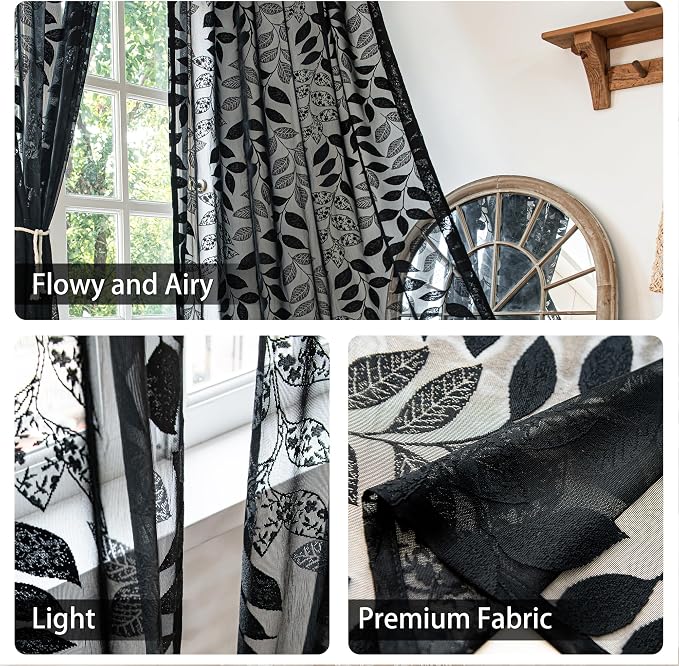 Treatmentex Black Lace Curtains 63inch Light Filtering Leaf Sheer Window - Image 5