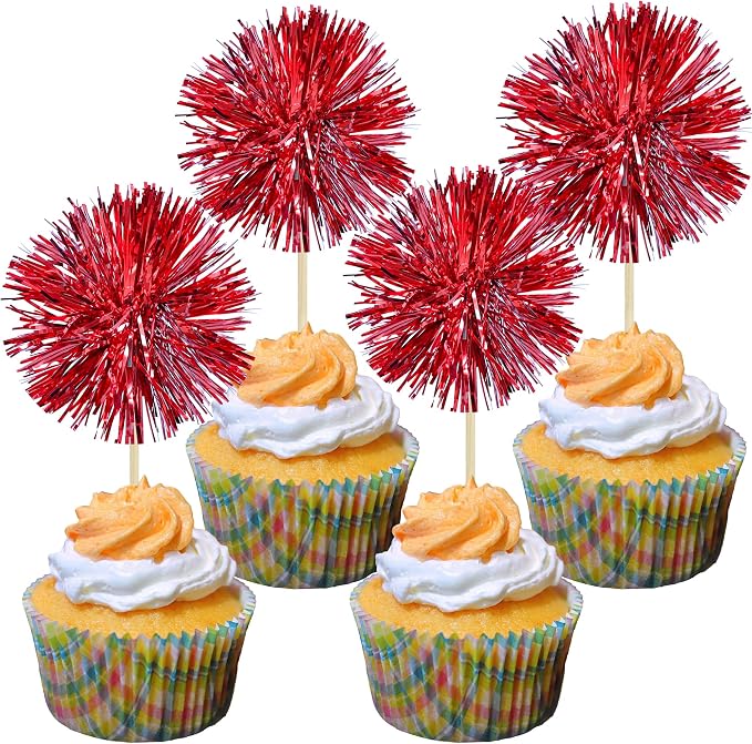 Gyufise 30Pcs Foil Firework Cupcake Toppers Sparkle Tinsel Cake Toppers Tinsel by Gyufise