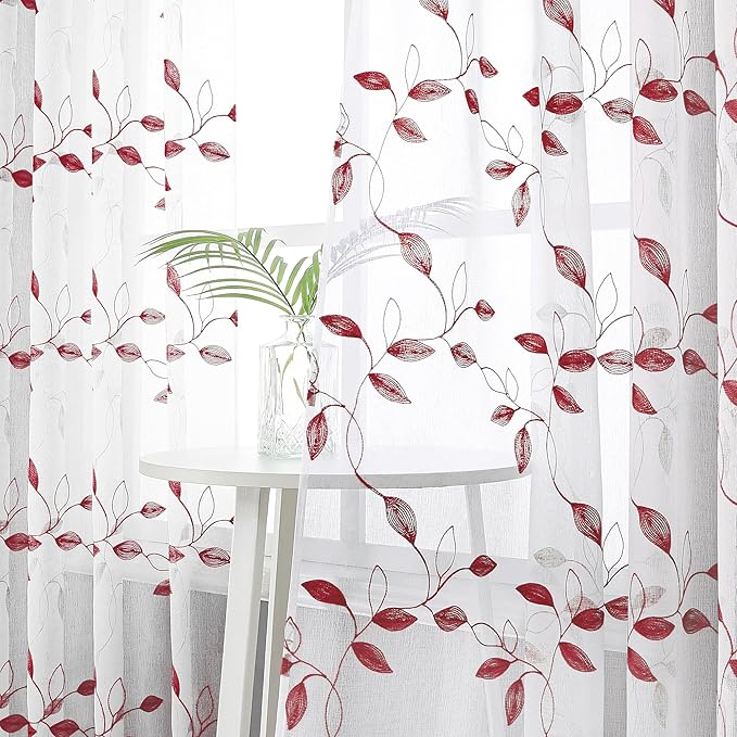 Tollpiz Burgundy Red Leaf Sheer Tier Curtains Kitchen 30 x 24 Inches | Short - Image 2