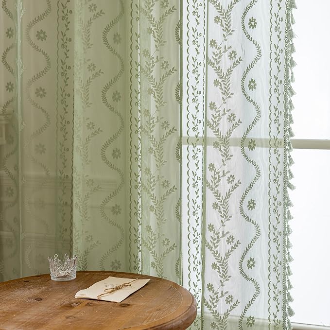 WAZZIO Boho Lace Curtains 2 Panels 96 Inch -Vintage Victorian Sheer Panel Drape - Image 8