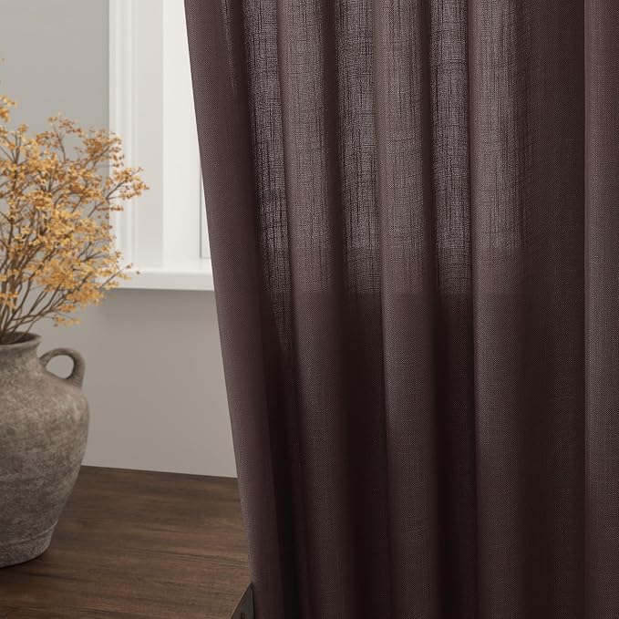 Coffee Linen Curtains 80 Inch Length 2 Panels Set Back Tab Rod Pocket Textured - Image 2