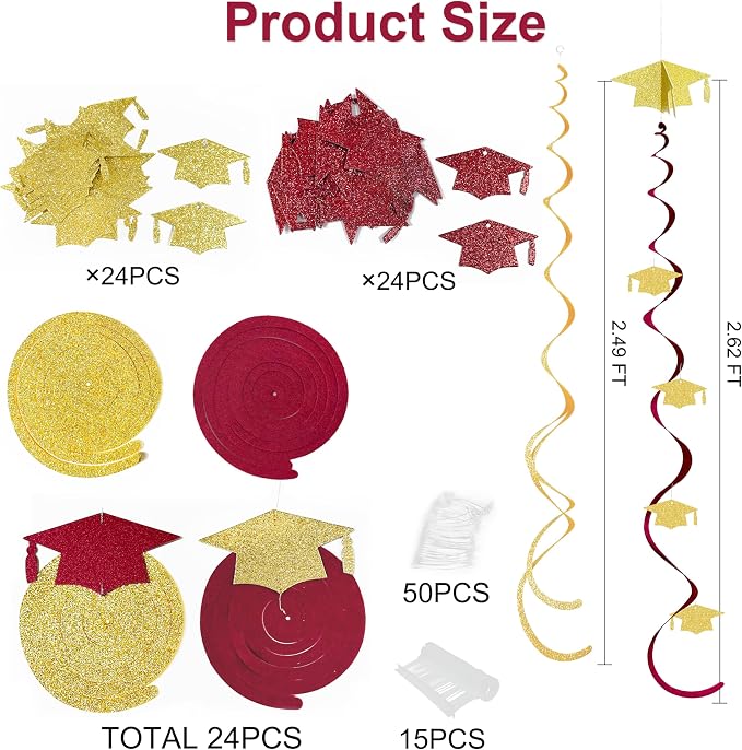 24Pcs Maroon Gold Graduation Grad Cap Hanging Felt Swirl Streamer Spiral - Image 2