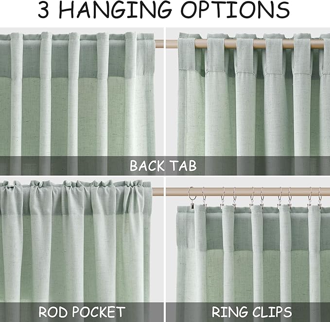 Aqua Green Linen Curtains 102 Inches Long Rod Pocket Back Tab Drapes 2 Panels - Image 2