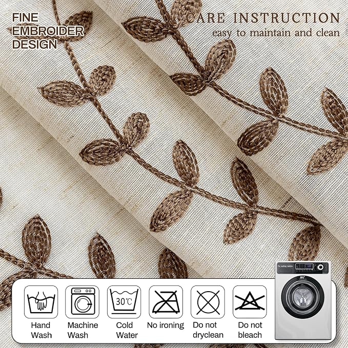 2 Panels Linen Leaf String Floral Embroidered Semi Sheer Curtain Farmhouse - Image 6