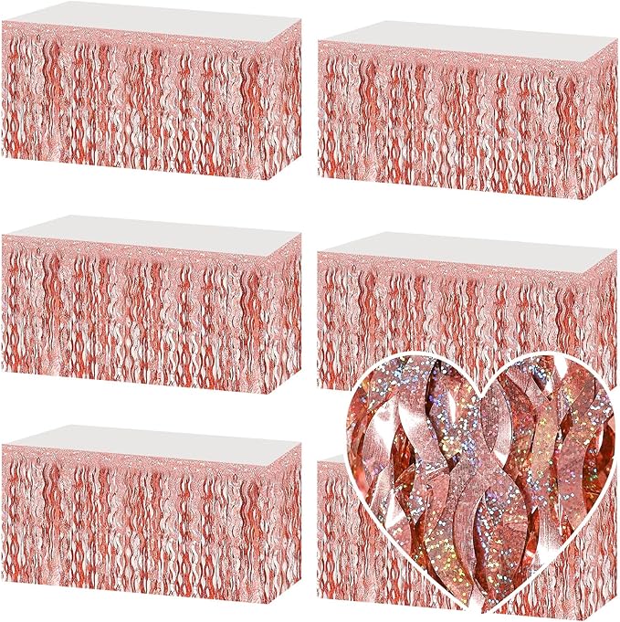 6 Pack 29x108 Inch Rose Gold Wave Foil Fringe Table Skirts Metallic Banner for Tinsel Streamer Garland Backdrop for Parade Floats Mother's, Graduate, Mardi Gras, Birthday, Wedding Party Decorations