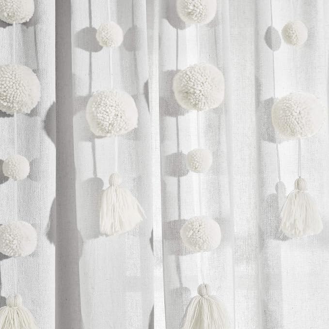 Lush Decor Boho Pom Pom Tassel Linen Textured Window Curtain Panel, Single 52" - Image 3