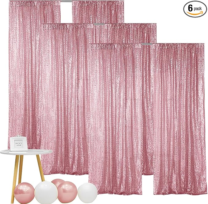 Hahuho Rose Pink Sequin Backdrop Curtain, Banquet Decoration（6 Panels, 2FT x 8FT by Hahuho