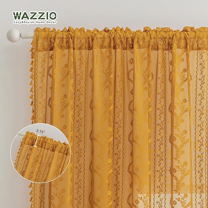 WAZZIO Boho Lace Curtains 2 Panels 84 Inch -Victorian Sheer Panel Drape French - Image 7