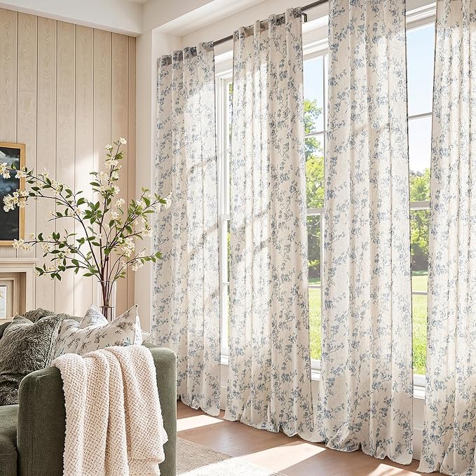 jinchan Blue Floral Linen Curtains 96 Inch Country Drapes Back Tab 2 Panels | - Image 5