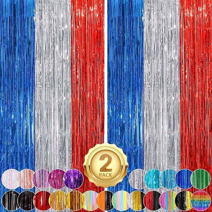 2Pack 3.3 x 8.3Ft Blue Red Silver Foil Fringe Streamers Curtain Metallic Foil by UWPVOWSR