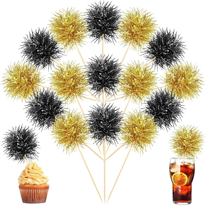 Chinco 100 Pcs Foil Firework Cupcake Toppers Black and Gold Sparkle Tinsel Cake by Chinco