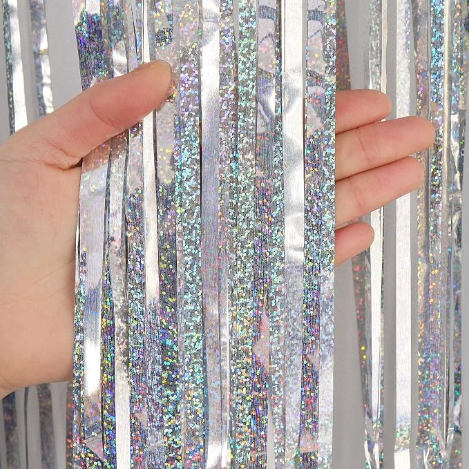 Silver Tinsel Foil Fringe Curtain Backdrop, 3.3 x 8.2 ft Metallic Glitter - Image 6