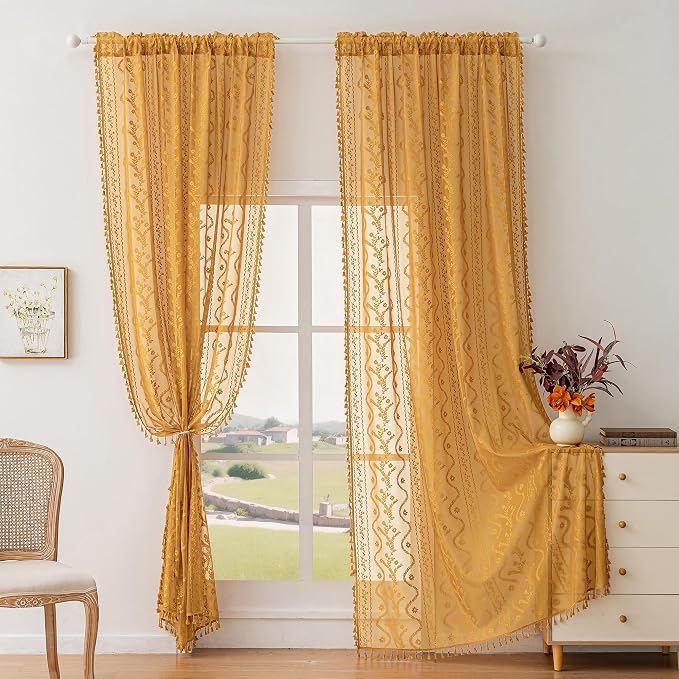 WAZZIO Boho Lace Curtains 2 Panels 84 Inch -Victorian Sheer Panel Drape French - Image 2