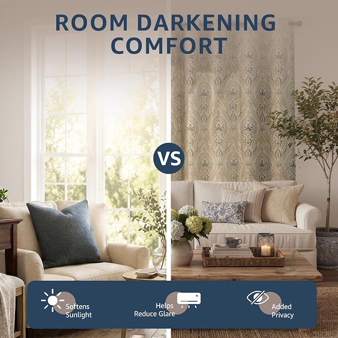 jinchan Taupe Damask Curtains 54 Inch Room Darkening Grommet 2 Panels | - Image 3